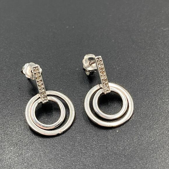 Designer Sterling Silver Pave White Sapphire Double Hoop Pierced Earrings - Picture 1 of 8